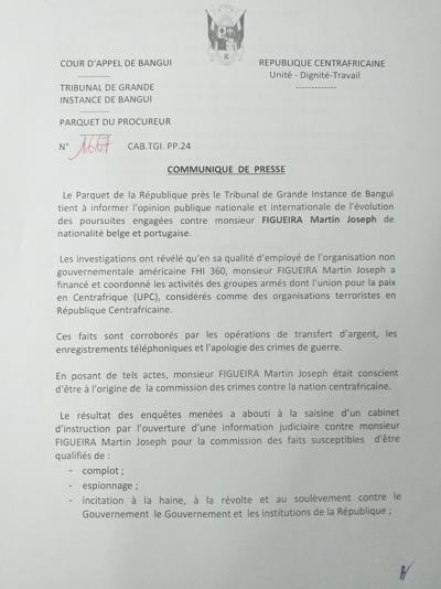 FIGUEIRA MARTIN JOSEPH ACCABLE PAR LA JUSTICE CENTRAFRICAINE