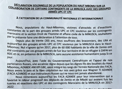 La population du Haut-Mbomou dénonce et interpelle sur la collaboration des contingents de la Minusca avec des bandits armés de l’UPC et CPC