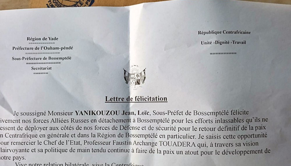 Des messages de reconnaissance affluent en faveur des instructeurs Russes qui appuient les FACA pour le rétablissement de la sécurité