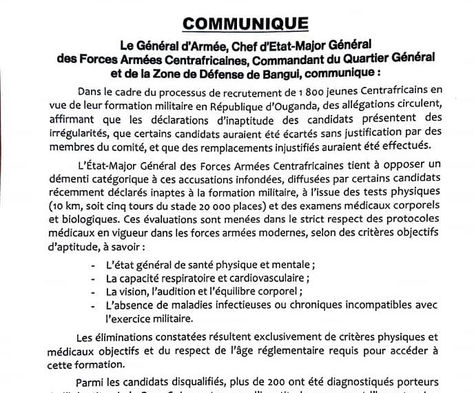 L’Etat-Major des FACA donne les raisons fondées de mise à l’écart de certains jeunes recrus pour la formation militaire en Ouganda